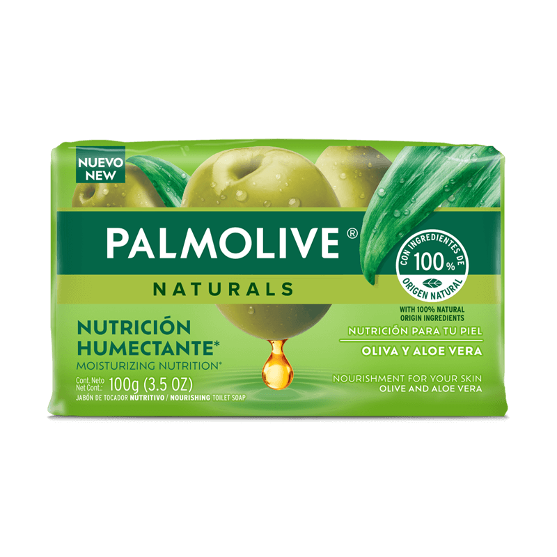Empaque de jabón de tocador Palmolive Naturals Oliva y Aloe Vera de 100g con ingredientes 100% de origen natural y nutrición humectante.